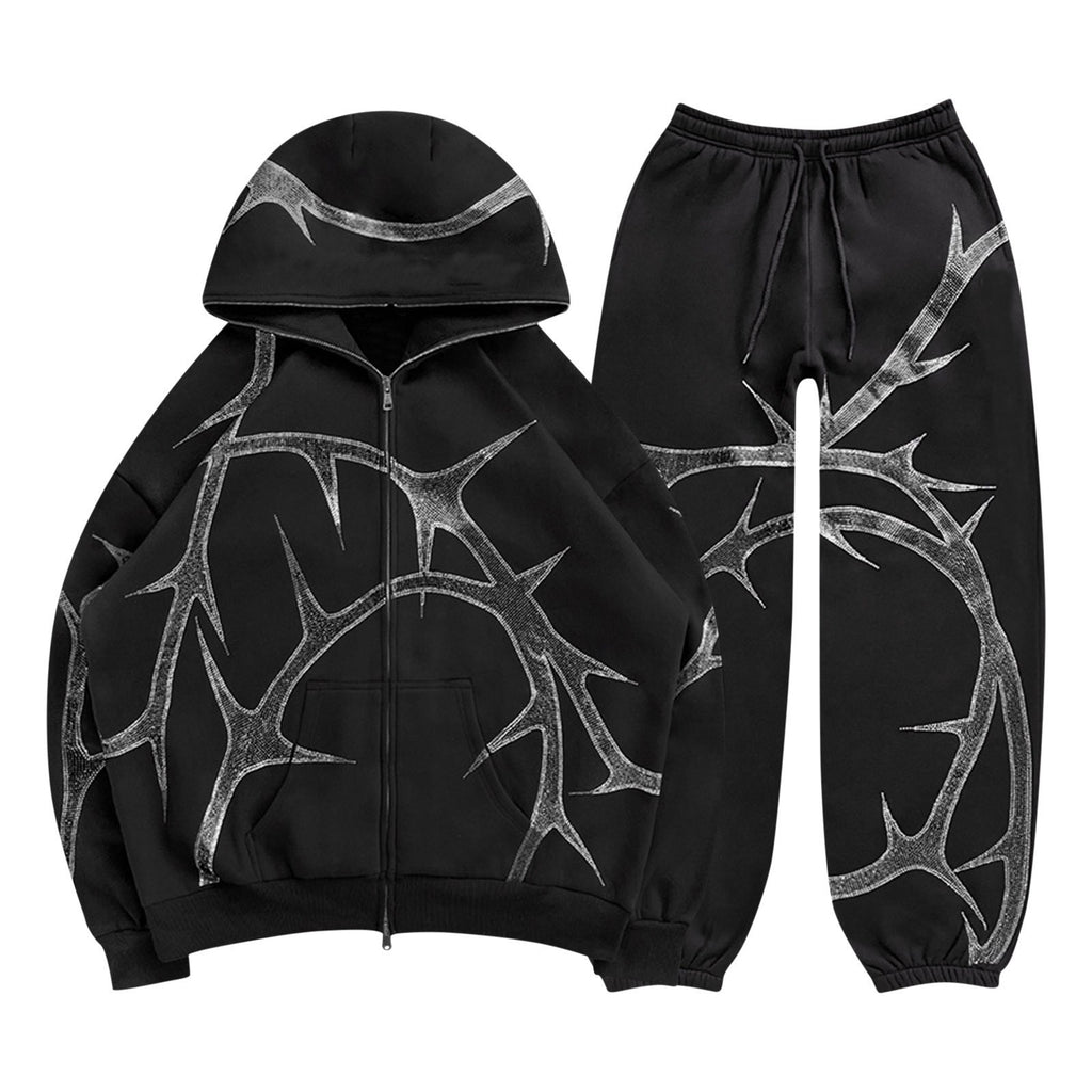 2023 Women's Street Style Hoodie with Rhinestones Set